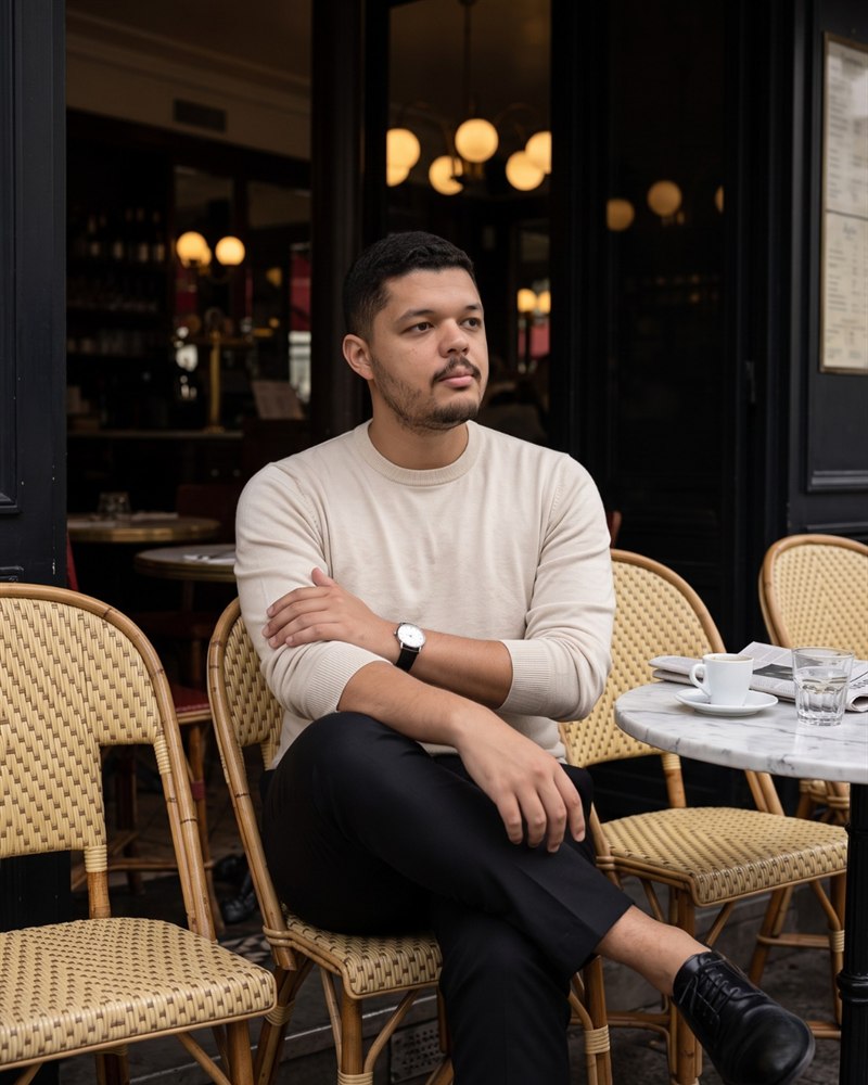 Ramon Alves, psicólogo, sentado à mesa de um café